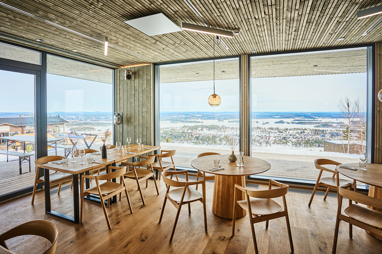Dining room of an alpine hotel looking out over snow