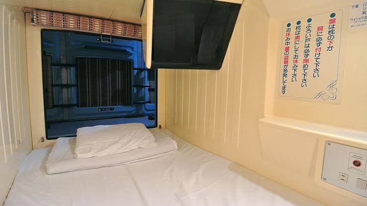 Sleeping capsule in a Japanese capsule hotel